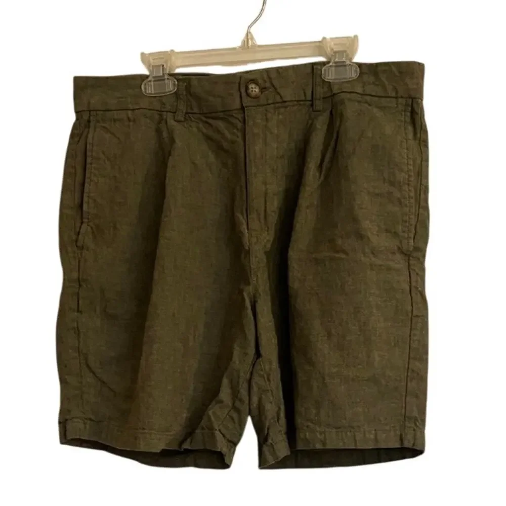 LR4308 Old Navy Slim Linen Blend Shorts Mens 34 Olive Green Flat Front Casual